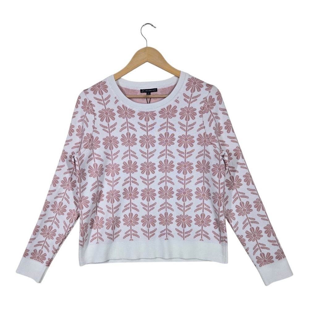 Adrianna Papell Floral Sweater M Pink Off White Daisy Cottagecore Soft Girl Boho